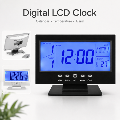 Digital LCD Clock with Calendar, Temperature Sensor, Alarm for Table and Study Desk